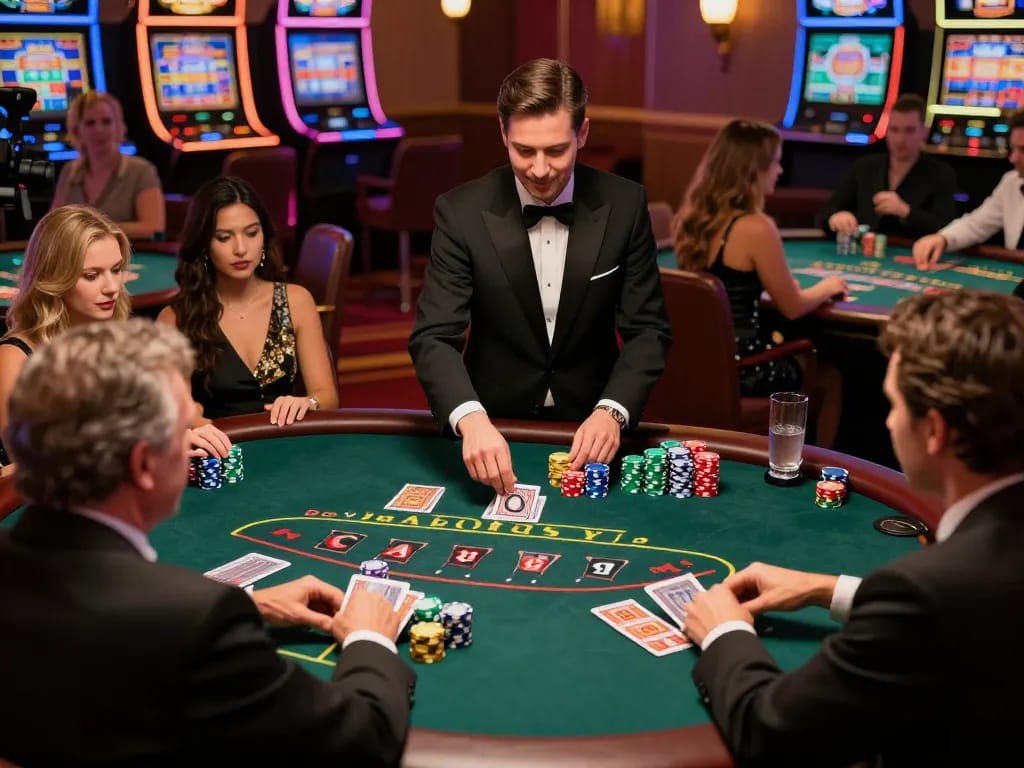 BOMWIN players strategizing around a lively blackjack table in a vibrant casino.