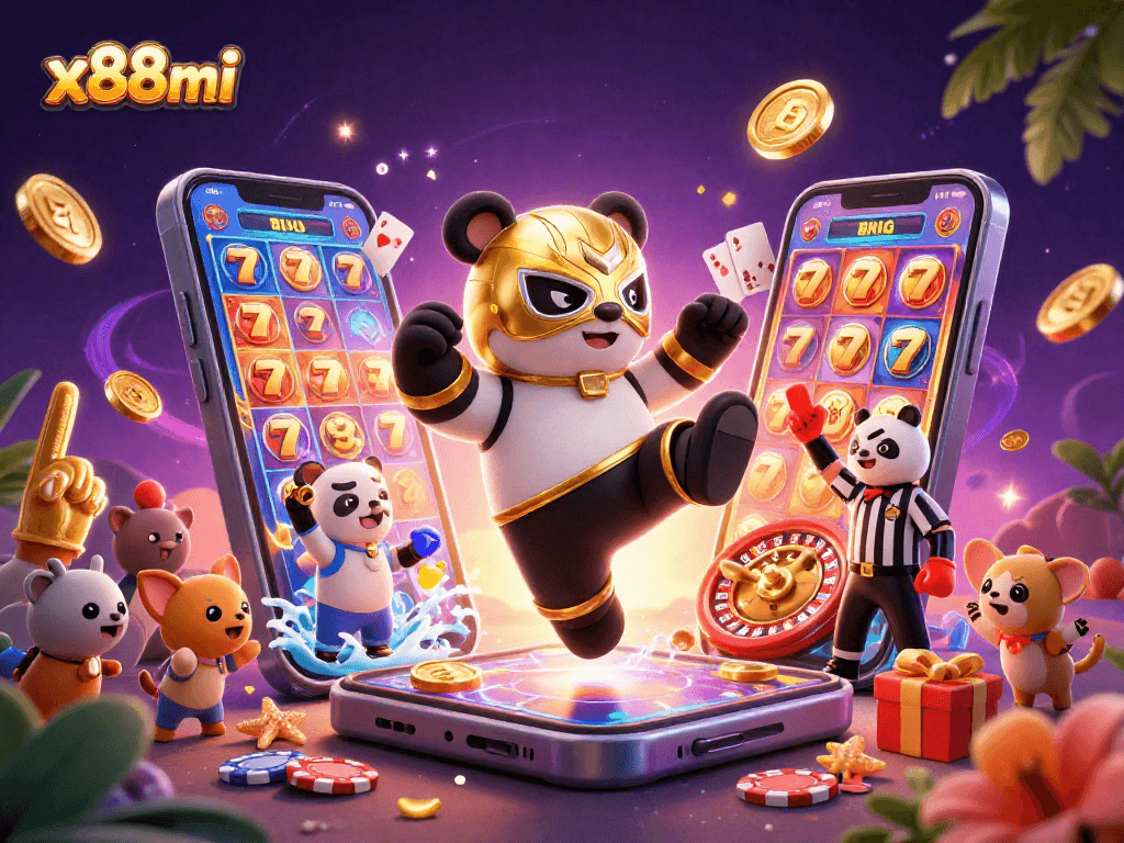 x88mi showcases an electrifying casino scene with a panda wrestler, emphasizing winning strategies and slot excitement.