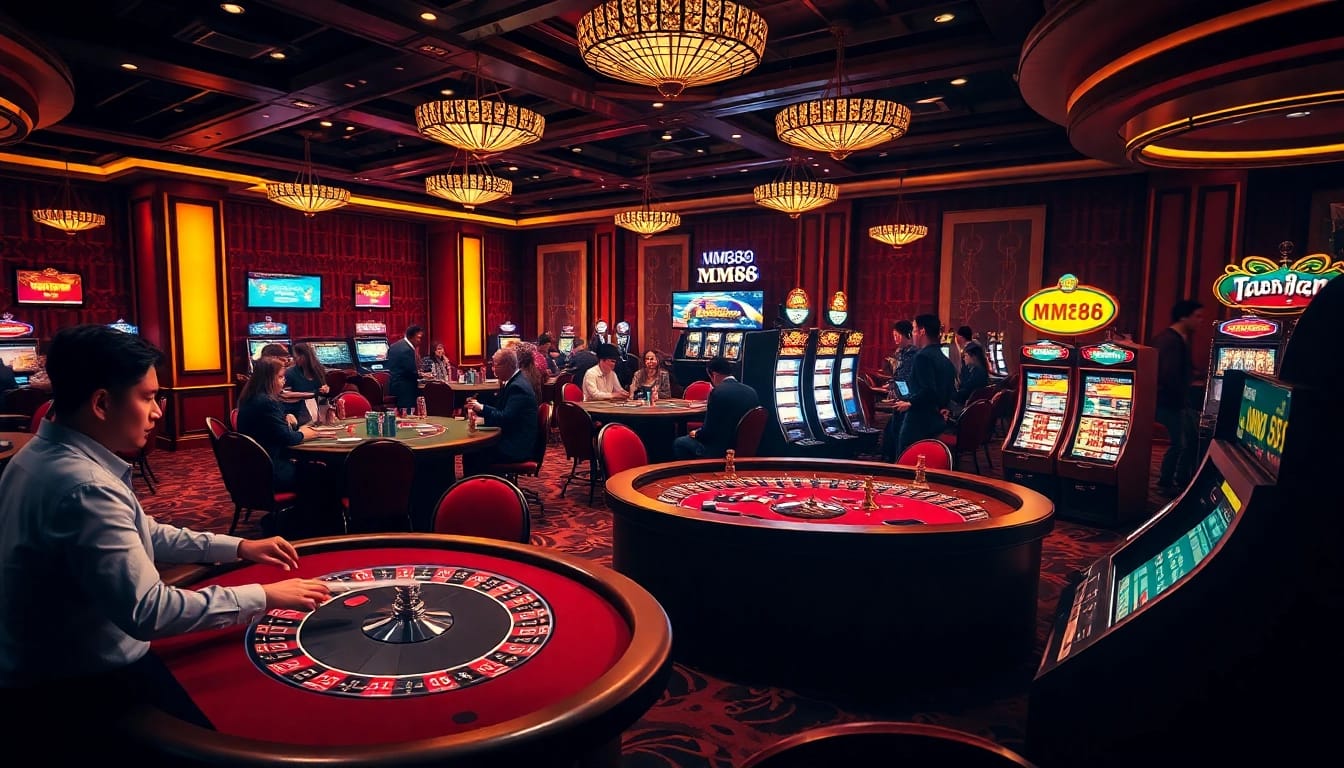 Play exciting games at MM88.bar's lavish casino with poker tables and spinning roulette wheels.