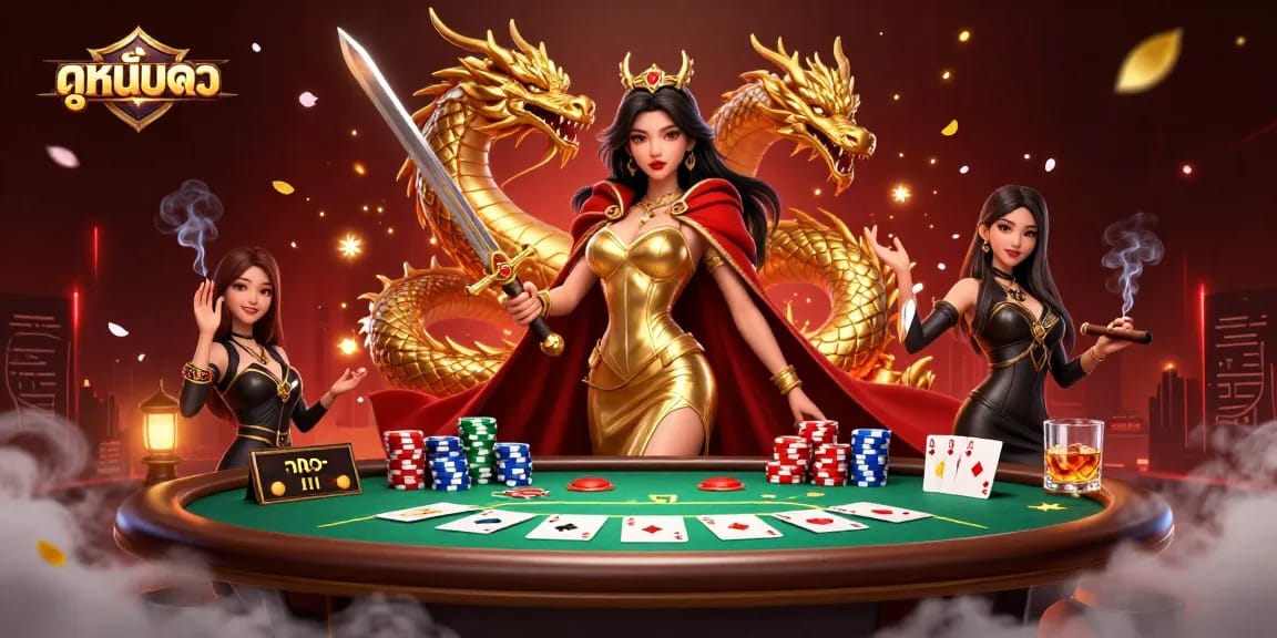 Play ดูหนังออนไลน์ at an exciting poker table featuring a warrior queen and golden dragon.