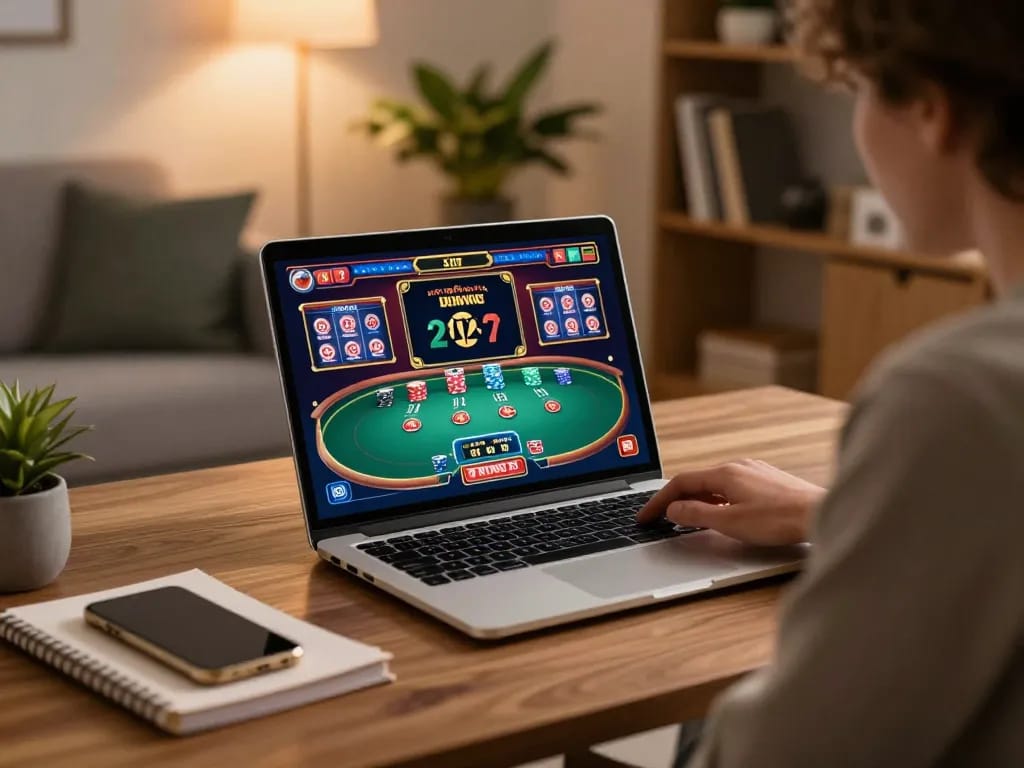 Engaging online gaming experience at home with 123B user playing casino games.