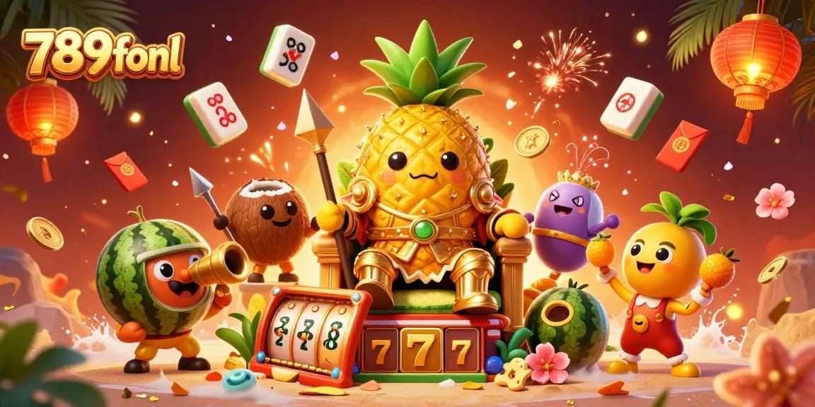 Engage with vibrant 3D casino elements at 789fonl featuring slots, a golden pineapple king, and colorful visuals.
