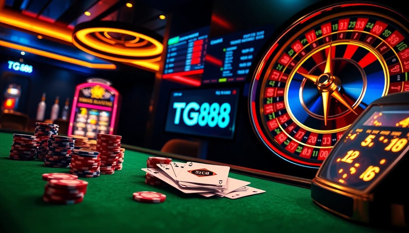 Professional gambler placing bets on TG88 poker table with vibrant chips and digital casino interface
