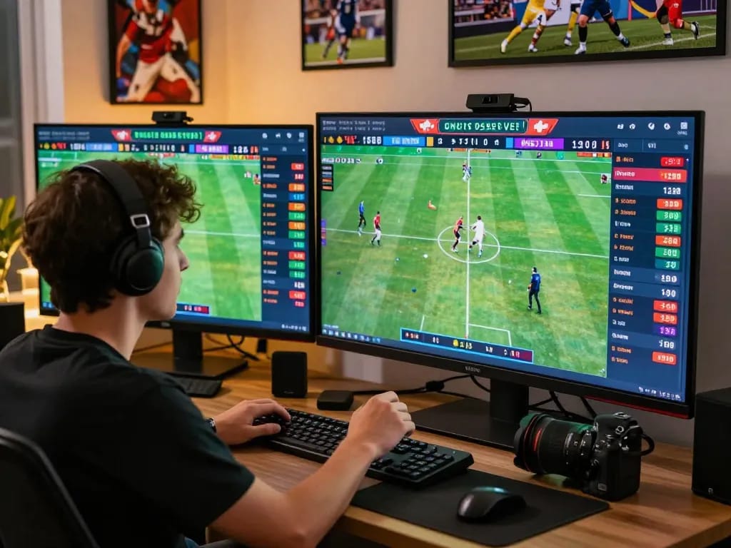 Engaging in live sports betting at home with Vmax ok while analyzing odds on multiple screens.