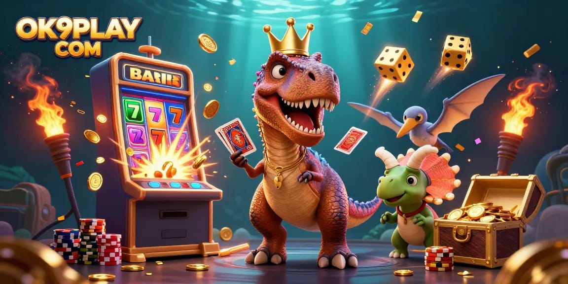 Engage with thrilling games at OK9PLAY COM, featuring vibrant casino characters and lively gaming elements.