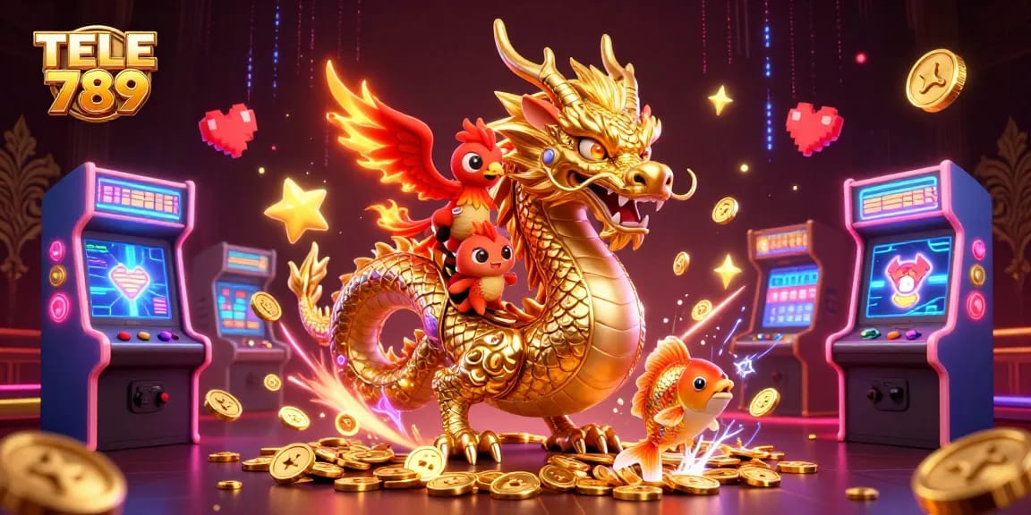 Bet on TELE 789 with a mythical dragon and phoenix amidst colorful casino excitement.