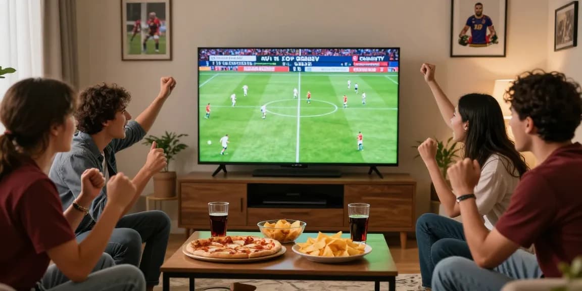 CakhiaTV live football match viewed by enthusiastic friends in a cozy living room.