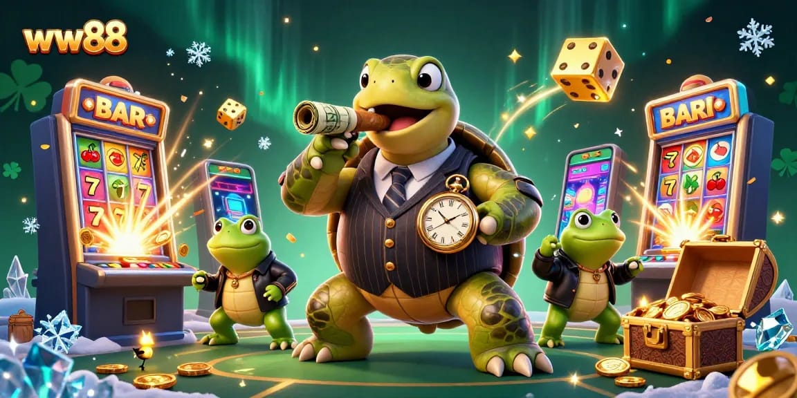 Experience thrilling gameplay at ww88 with a vibrant 3D casino scene, showcasing a snapping turtle and frog enforcers.