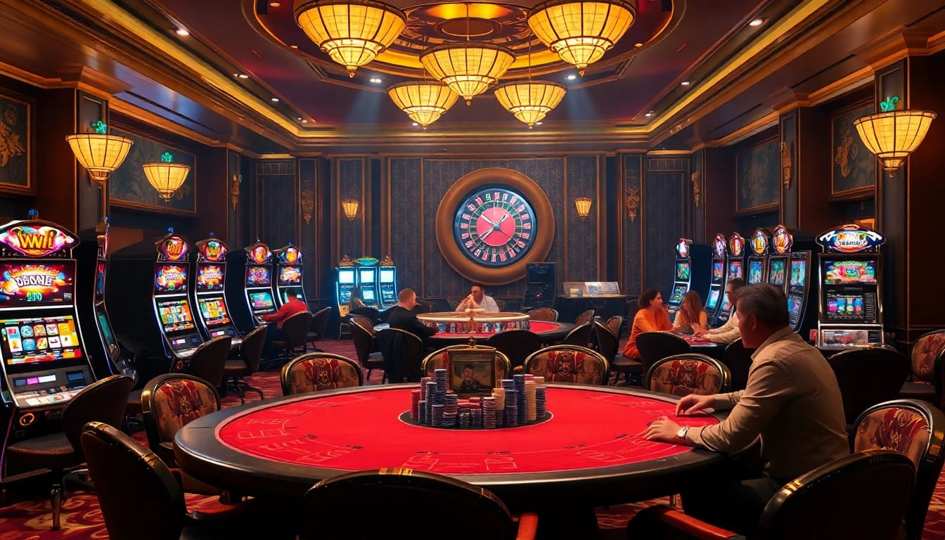 A lively casino scene featuring poker tables, slot machines, and roulette wheels, highlighting the allure of hidden wiki 2026.