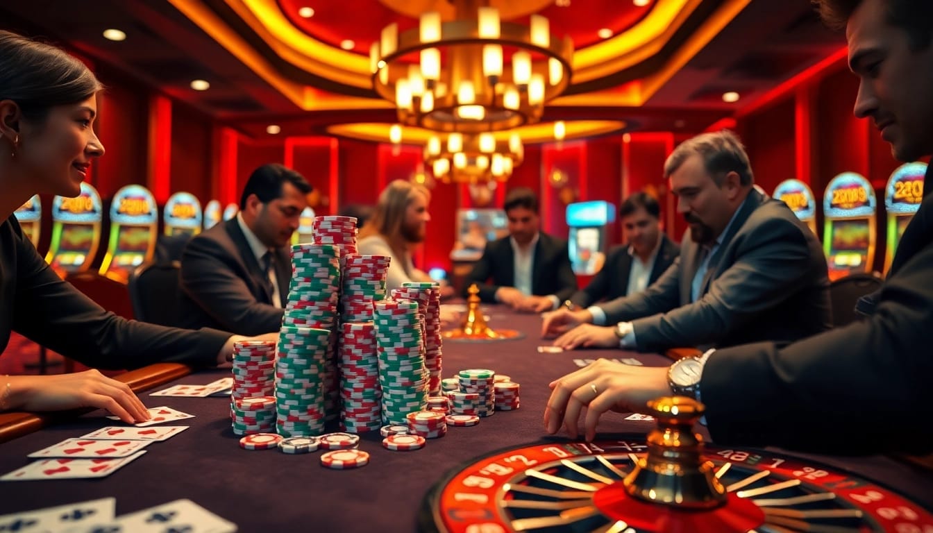 Engaging players at a luxurious 77BALL gaming table with vibrant poker chips and cards.