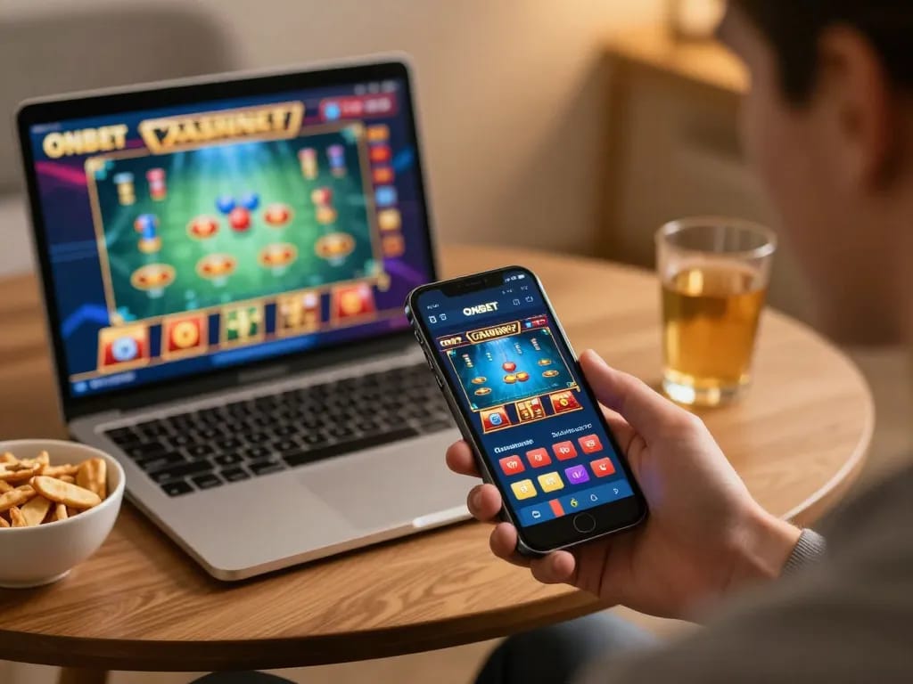 Enjoying an onbet casino app on smartphone for online gaming in a cozy home setting.