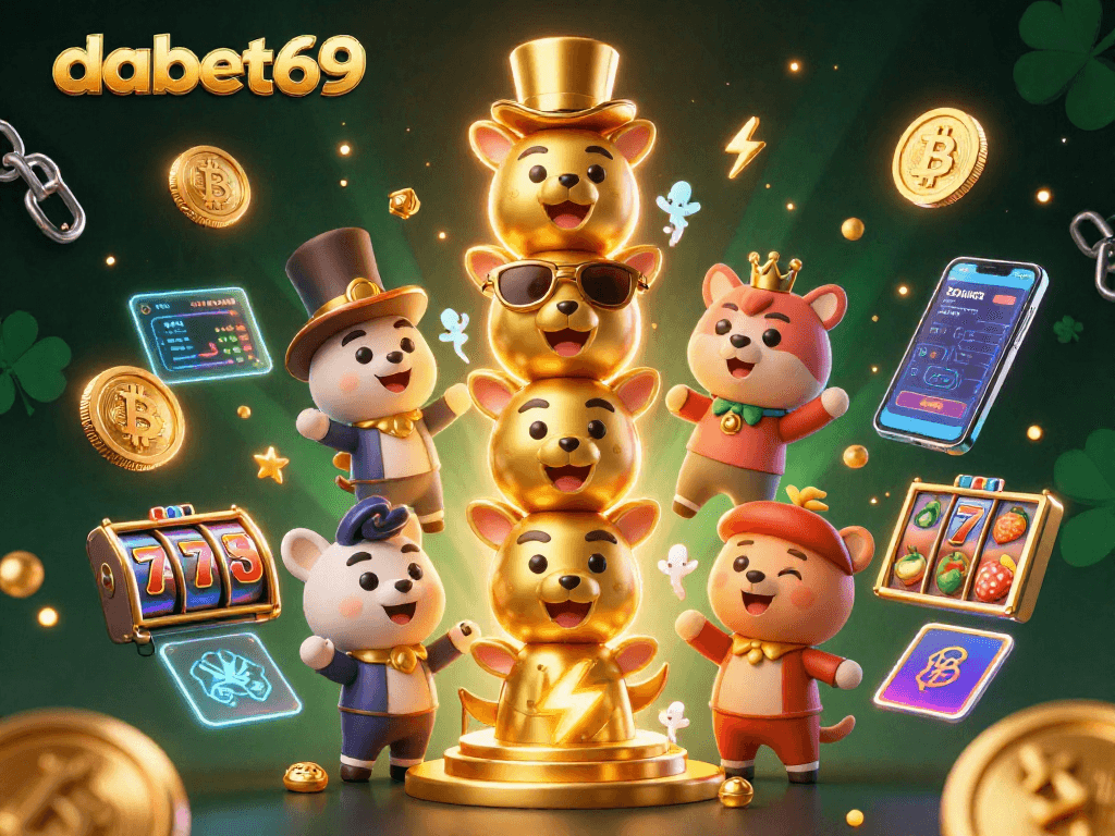 Engage with dabet69's vibrant, cinematic 3D cartoon illustration showcasing a casino-themed totem pole and crypto elements.