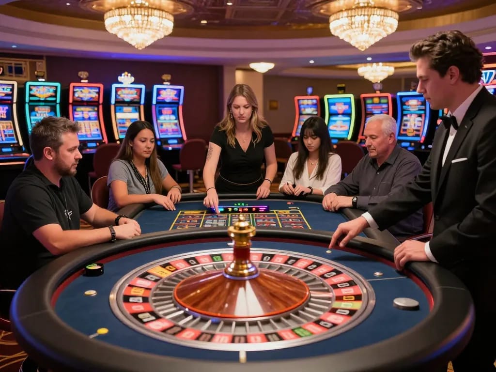Players engage in thrilling games at okking nhà cái casino, showcasing lively roulette action and vibrant gaming atmosphere.