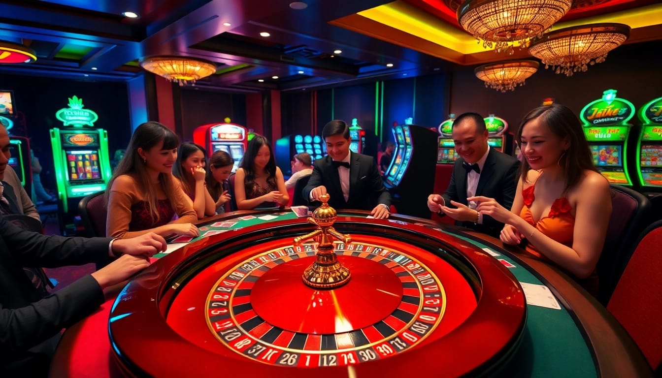 A vibrant max88 gaming table with players excitedly participating, featuring colorful chips and cards in a luxurious casino setting.