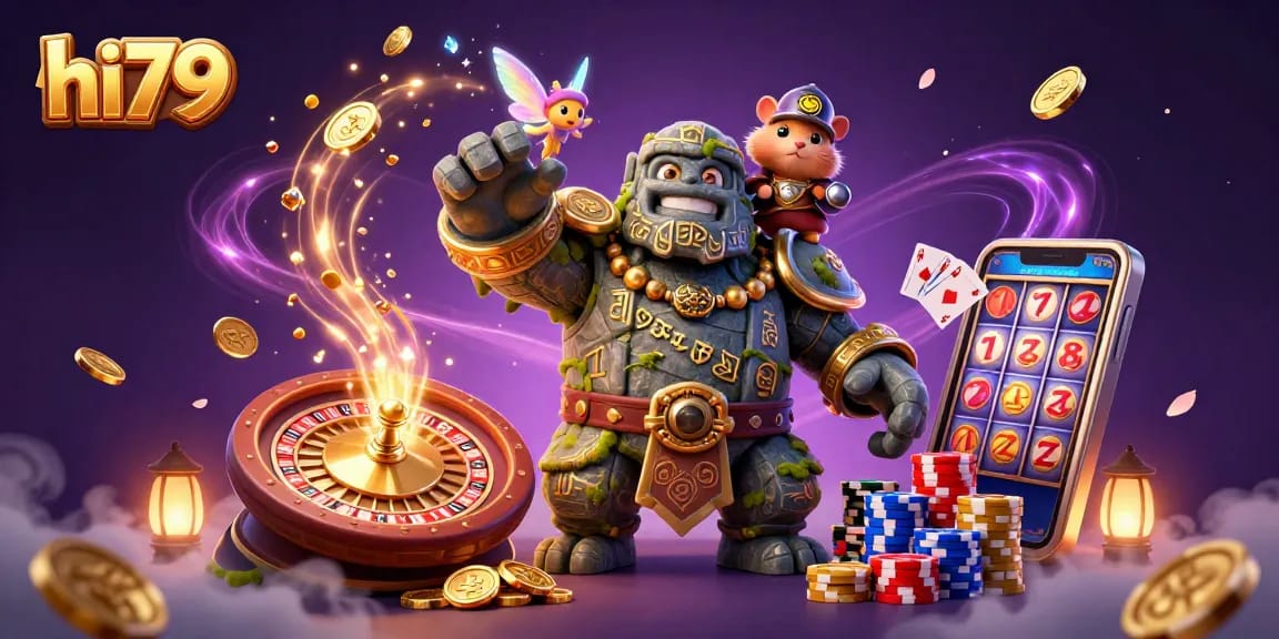 Engage with exciting gambling adventures at hi79 featuring enchanting characters in a vivid casino landscape.
