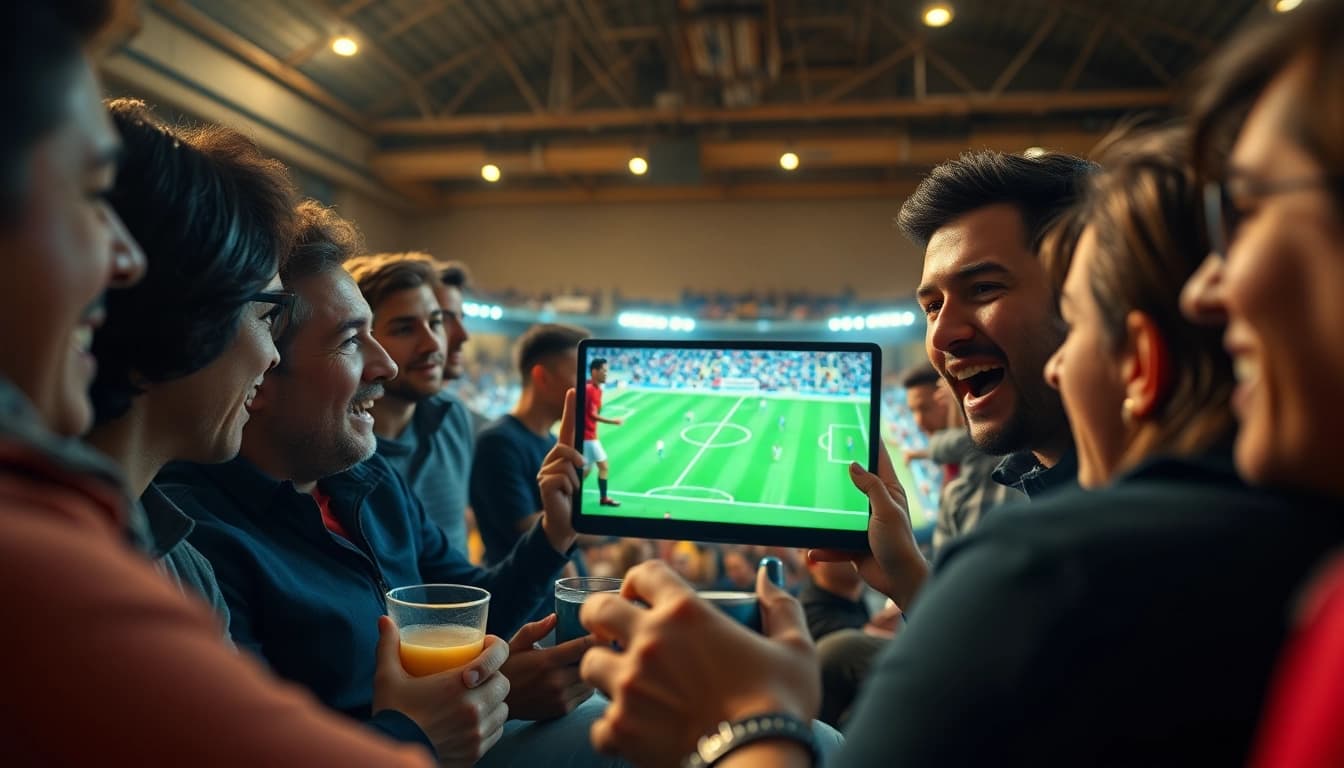 Xoilac TV live soccer streaming experience with excited fans watching a thrilling match.