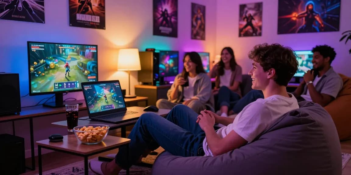 Gamer enjoying an immersive xxx game on a laptop in a cozy setting.