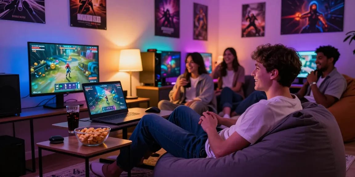 Gamer enjoying an immersive xxx game on a laptop in a cozy setting.