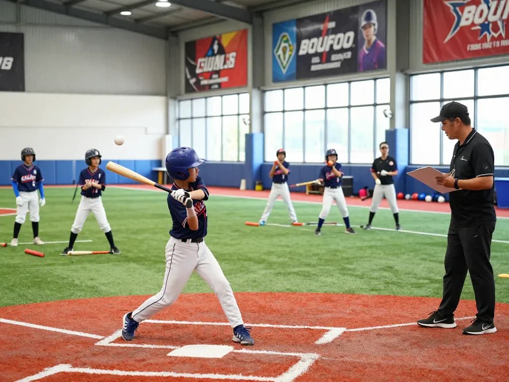Young athletes training at hitclub baseball facility with coaches and equipment.