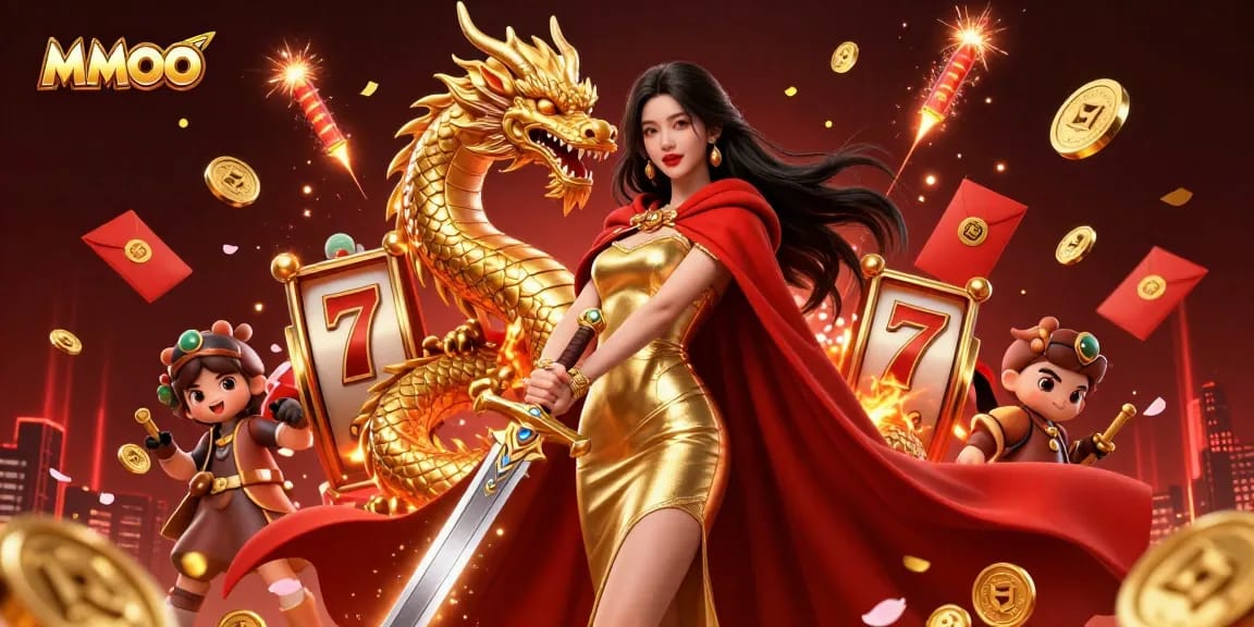 Experience thrilling gameplay with MMOO in this vibrant casino scene featuring slot reels and golden dragons.