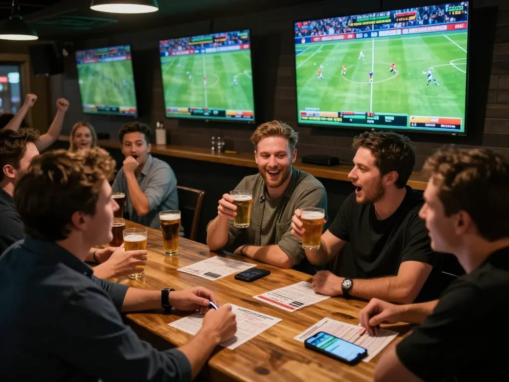 Good88 players celebrating strategic sports betting in a vibrant sports bar atmosphere