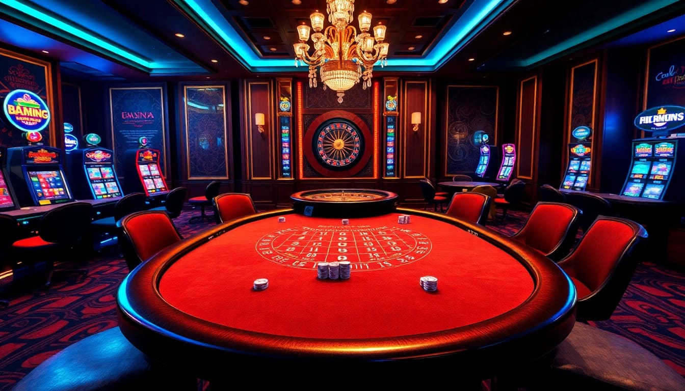 Experience thrilling gameplay at https://bj88h.org/ with a chic casino setting showcasing a blackjack table and vibrant slot machines.