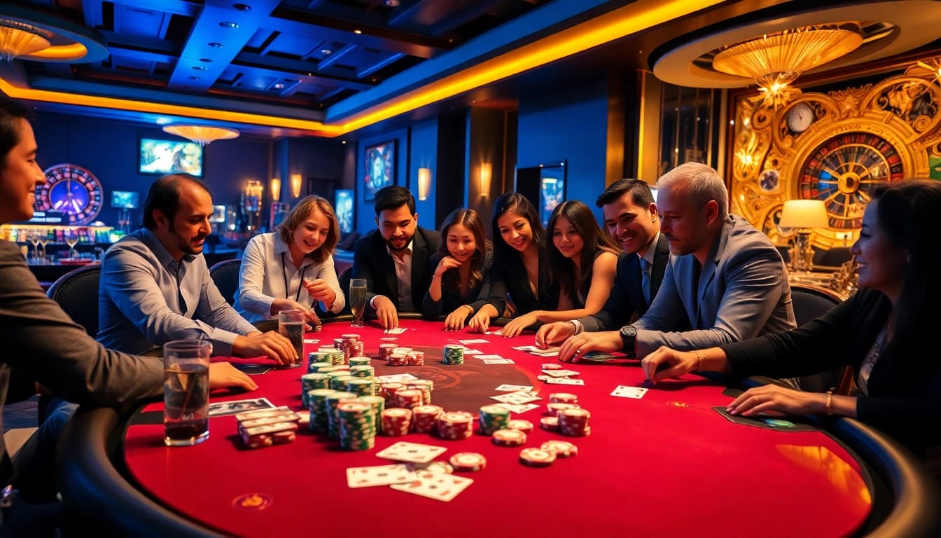 Exciting MK8 poker night scene showcasing professional players at a luxurious casino table.