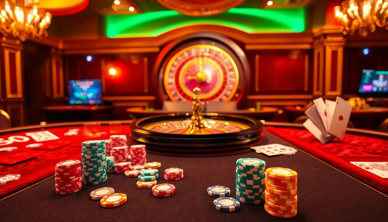 Players enjoying games at an elegant casino table featuring LC88 COM branding with vibrant chips and fervent betting action.
