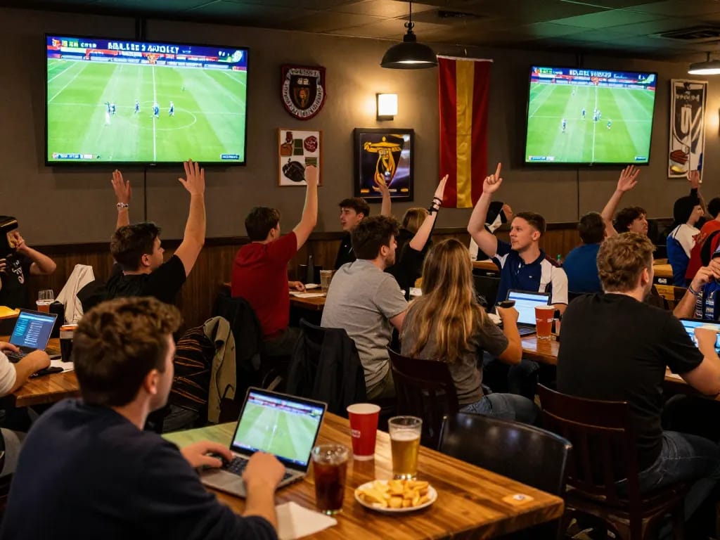 Fans celebrating footballresults at a vibrant sports bar while engaging in sports betting.