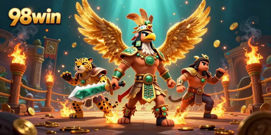 Experience thrilling gaming with 98win, showcasing vibrant warriors amidst a vibrant casino backdrop.