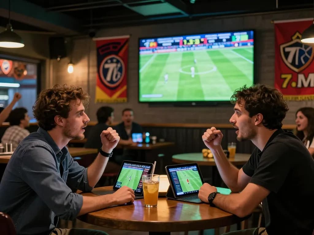 Friends discussing 7m football scores while watching live match in sports bar.