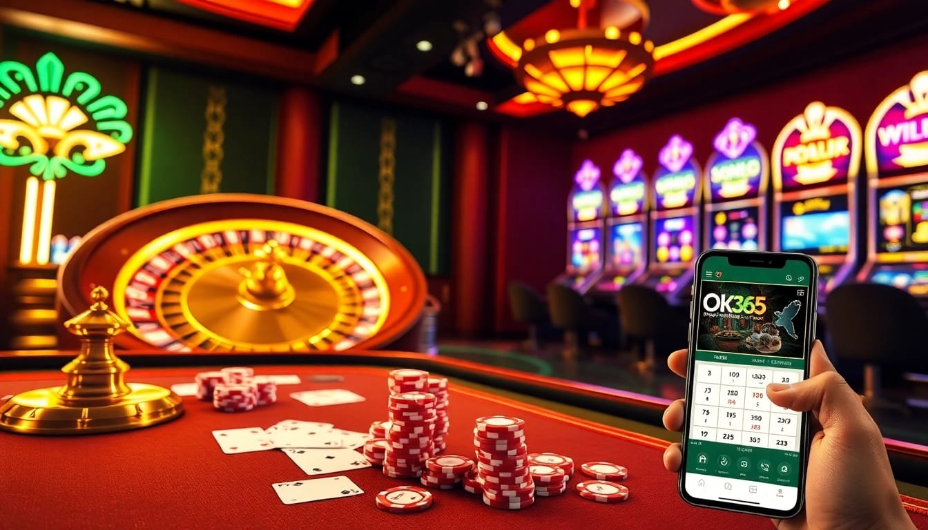 Experience the thrill of online gambling with immersive elements from https://ok365.tw/ featuring casino tables, poker chips, and vibrant slot machines.