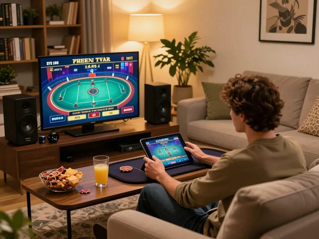 Player engaging with a live dealer game on a tablet at EE88, showcasing a vibrant home gaming setup.