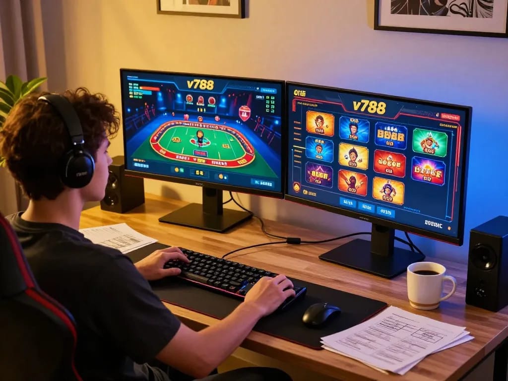 Engaging in online gaming at v788 with multiple screens showcasing casino excitement.