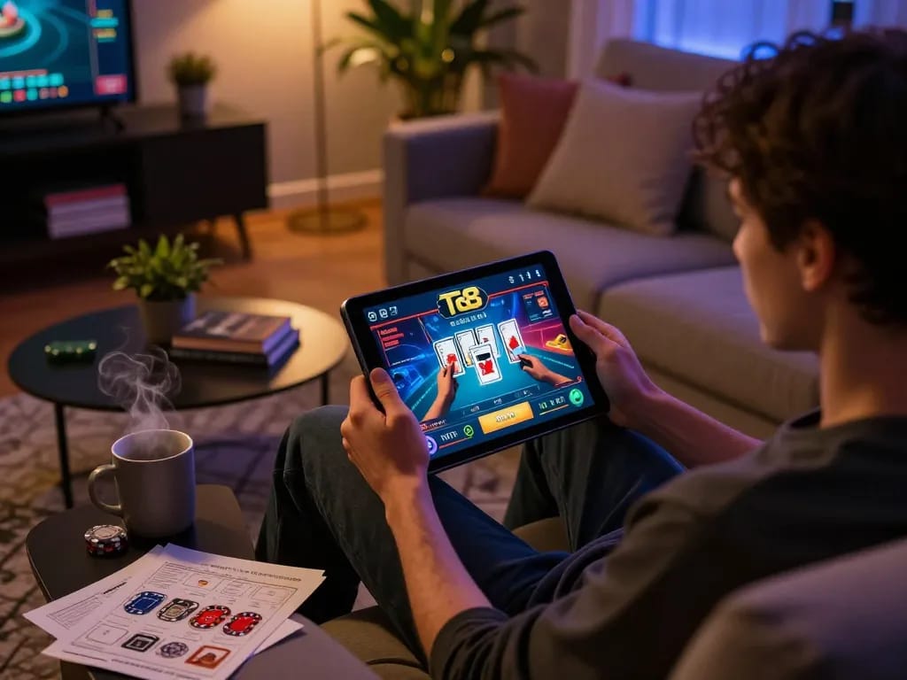 Person engaging with the TG 88 casino app on a tablet during a cozy gaming session at home.