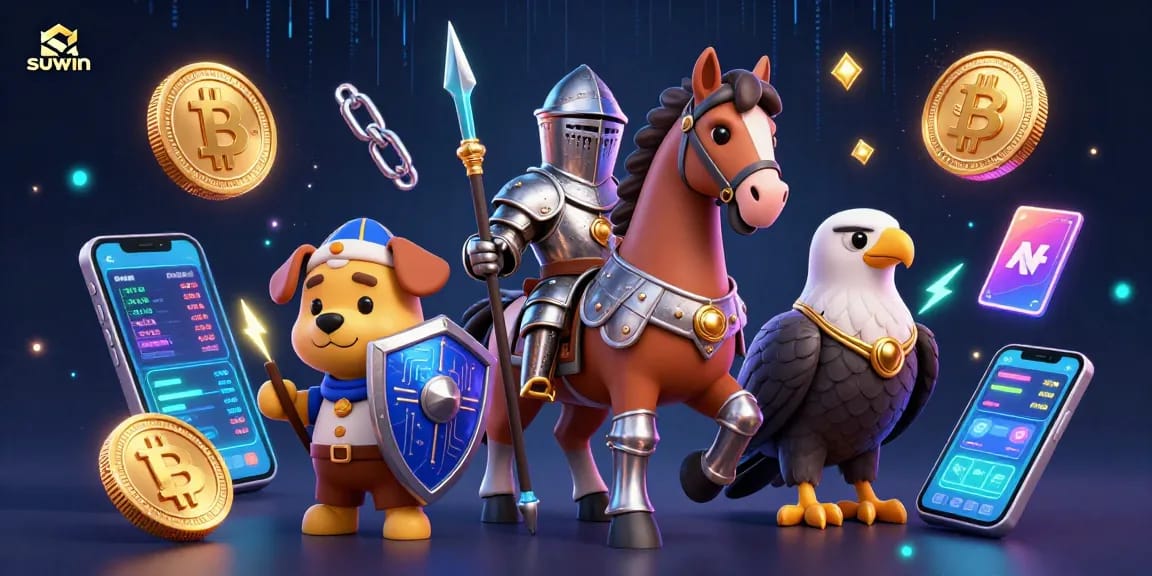 Suwin showcases a medieval knight in armor with crypto elements, highlighting online gaming themes.