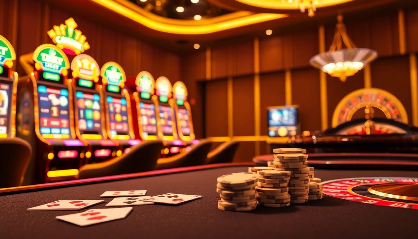 L567 slot machine display with poker chips and roulette wheel enhances online gambling excitement.