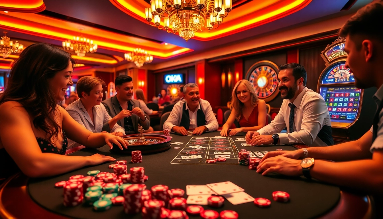 Experience the thrill of online gambling with OKATM at a luxurious casino table filled with action.