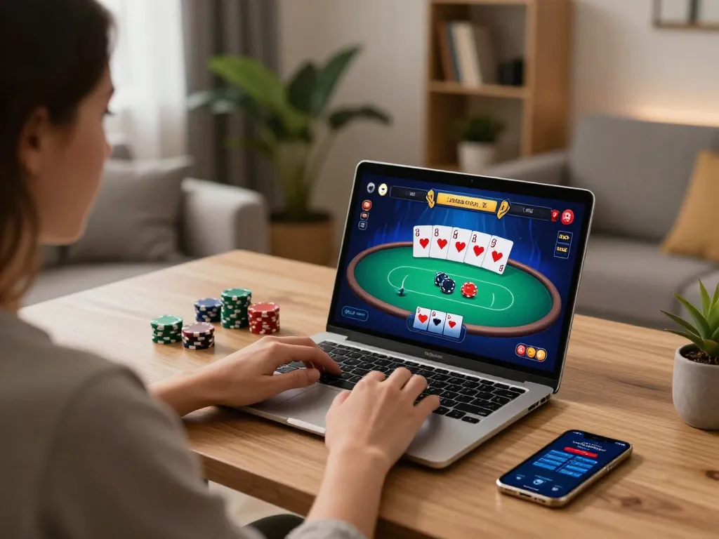 Player engaging in online KUWIN poker game on laptop in a cozy home setting.