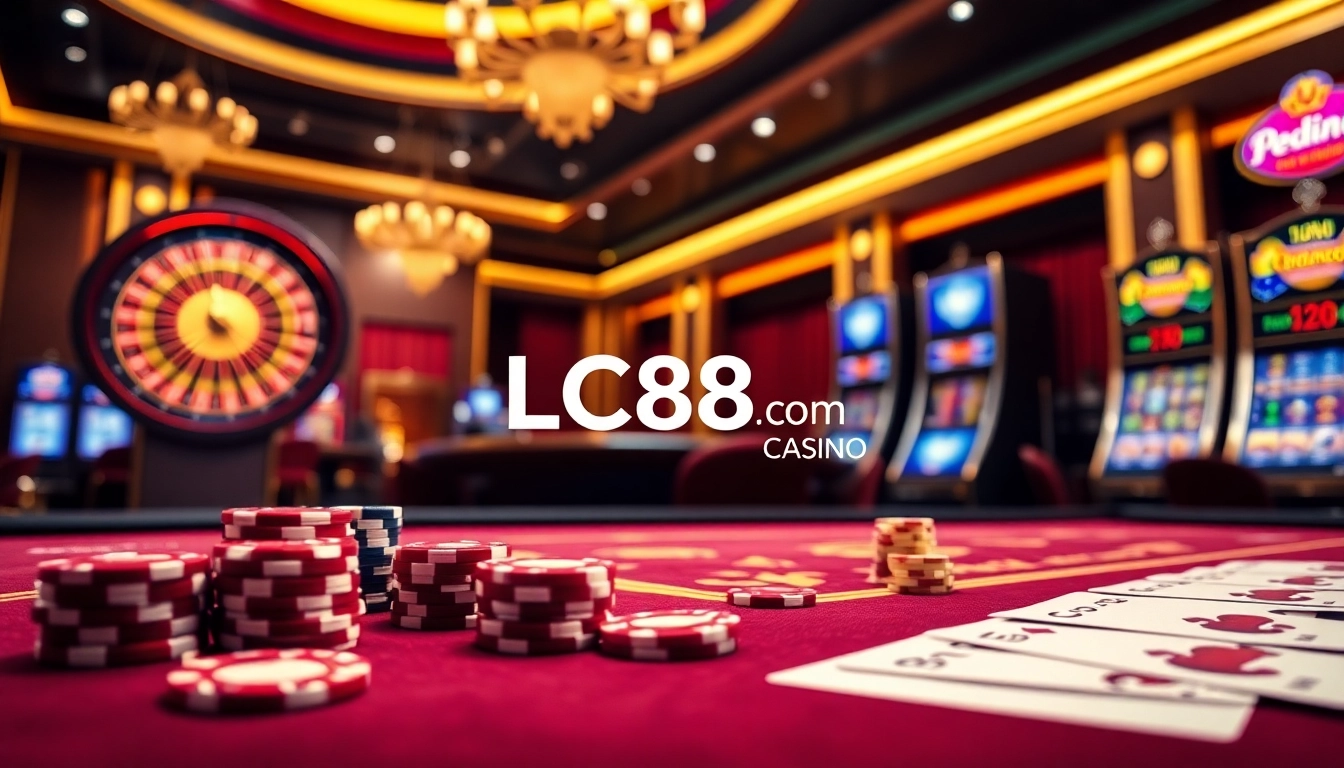 Gambling excitement at LC88.COM with poker chips, a vibrant casino table, and modern gaming interface.