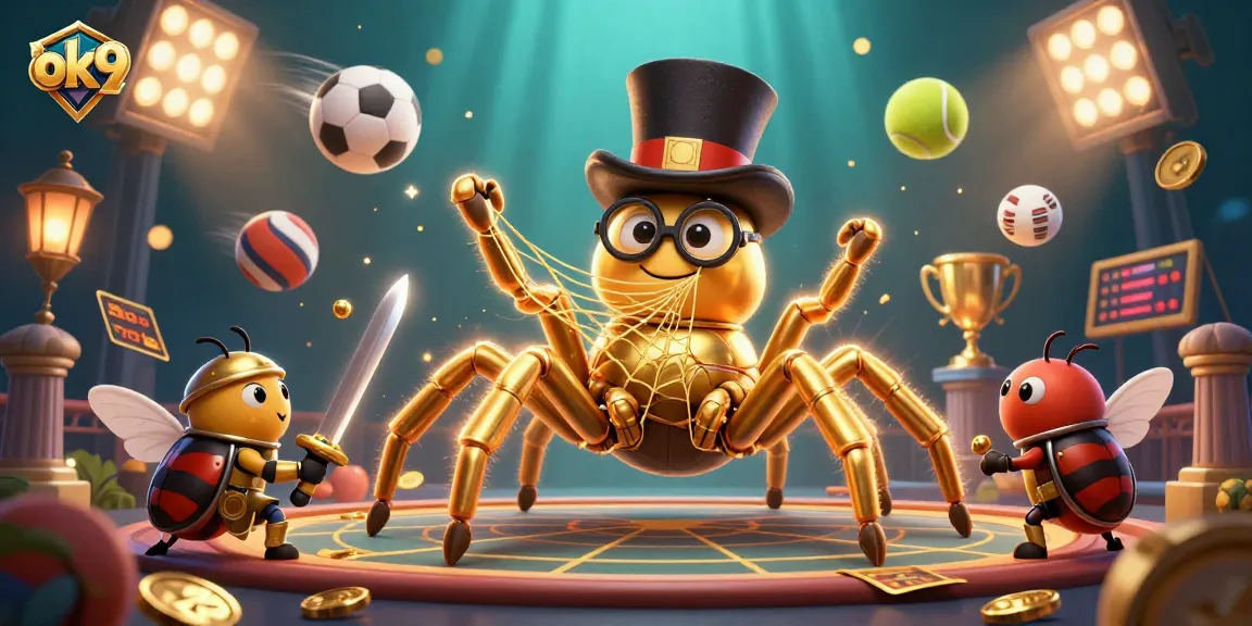 Engage with ok9's dynamic betting scene featuring a golden tarantula and beetle knight amid sports gambling elements.