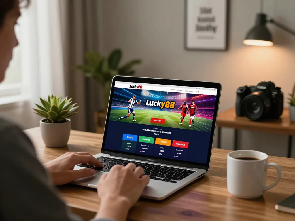 Link vào Lucky88 login scene with user on laptop in stylish workspace