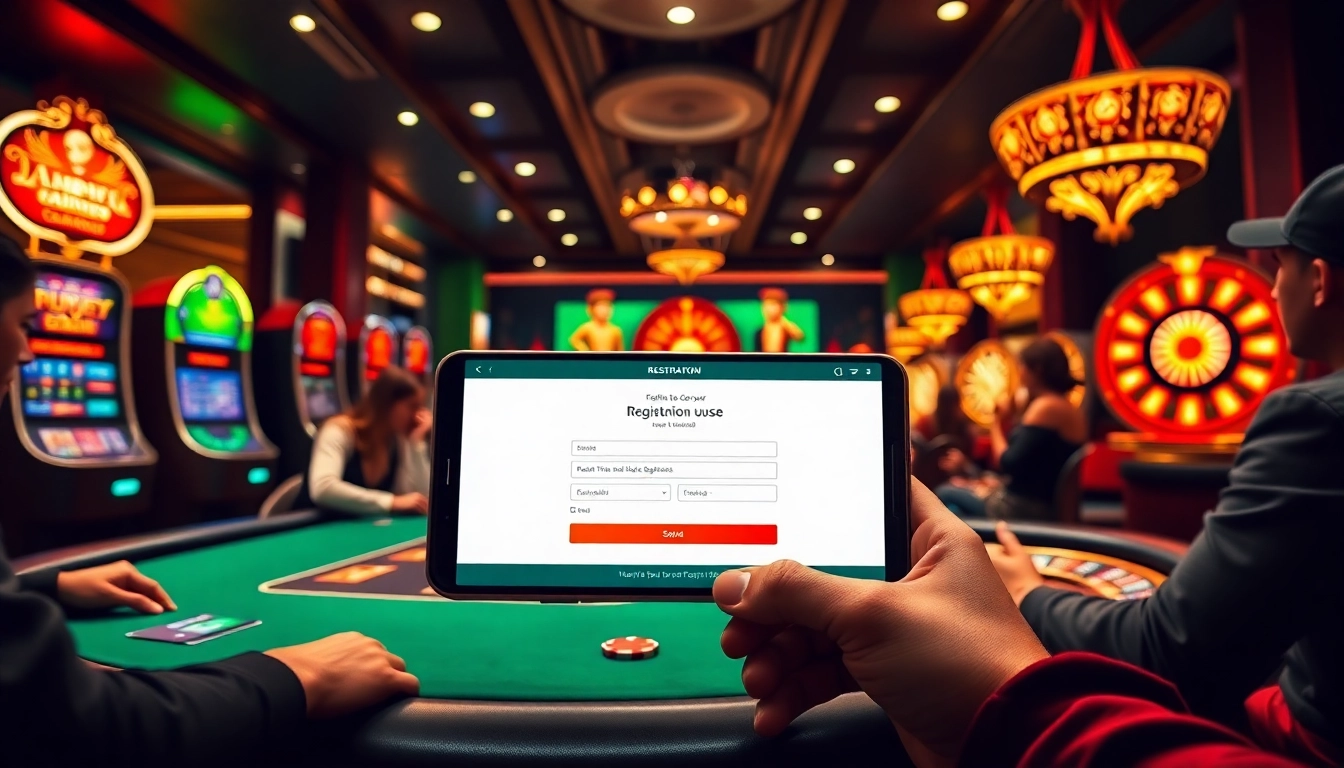 Register for Đăng Ký Nhà Cái 68VIP at a glamorous casino featuring slot machines and poker tables.