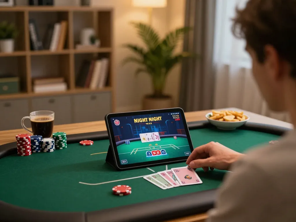 Engaging home poker night scene illustrating online gaming strategies at Trang chủ MAX88 with an inviting atmosphere