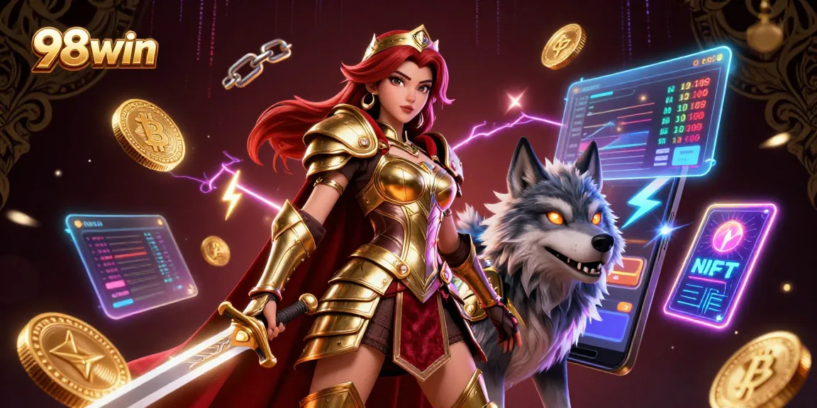 Engage with 98win's dynamic online betting visuals featuring an armored warrior queen.