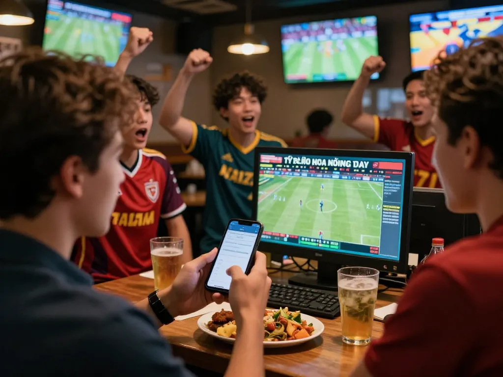 Tỷ lệ kèo nhà cái hôm nay displayed on smartphone while enthusiastically cheering with friends in a vibrant sports bar.