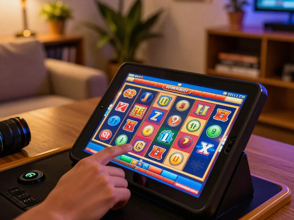 Cucu777 player enjoying an online slot game on a tablet in a cozy home atmosphere
