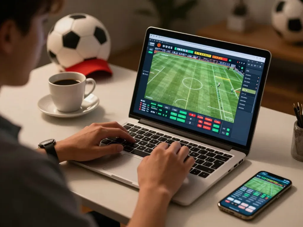 WW88 sports betting user placing bets online with laptop and smartphone in a cozy environment.