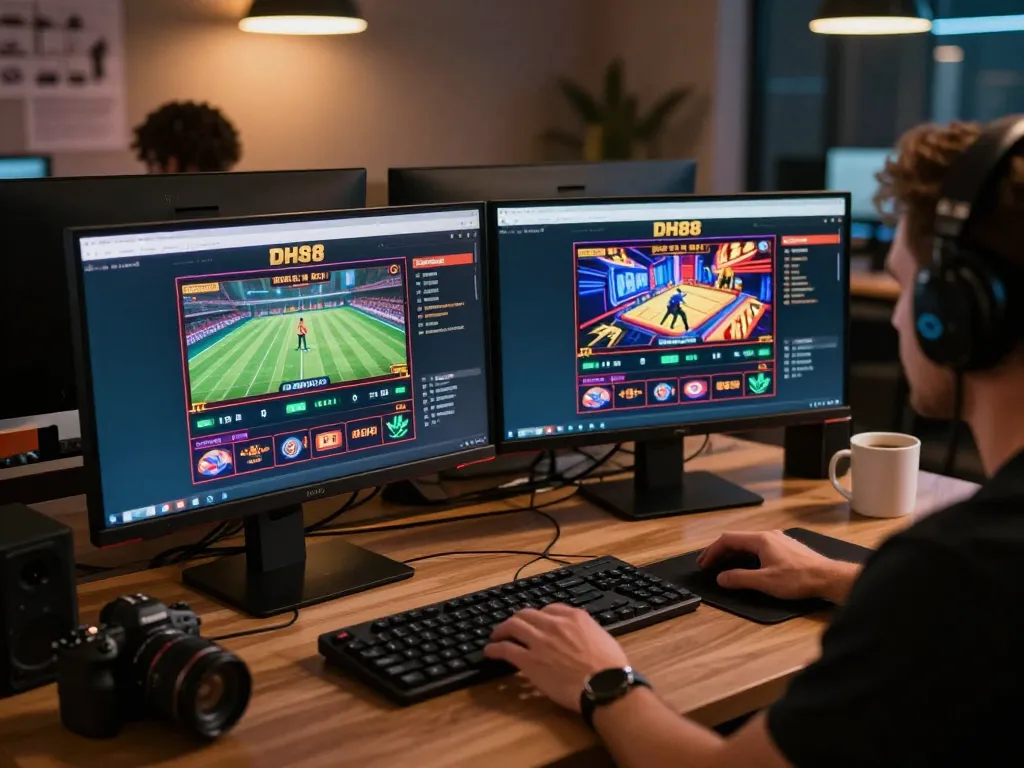 Engaging with online casino platform đăng nhập dh88 in a cozy home office setting.