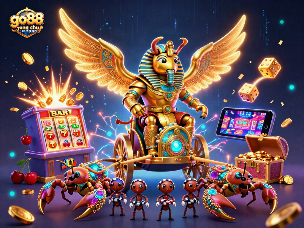 Experience the go88 trang chu chinh thuc excitement with a vibrant 3D casino illustration depicting dynamic gaming elements and colorful characters.